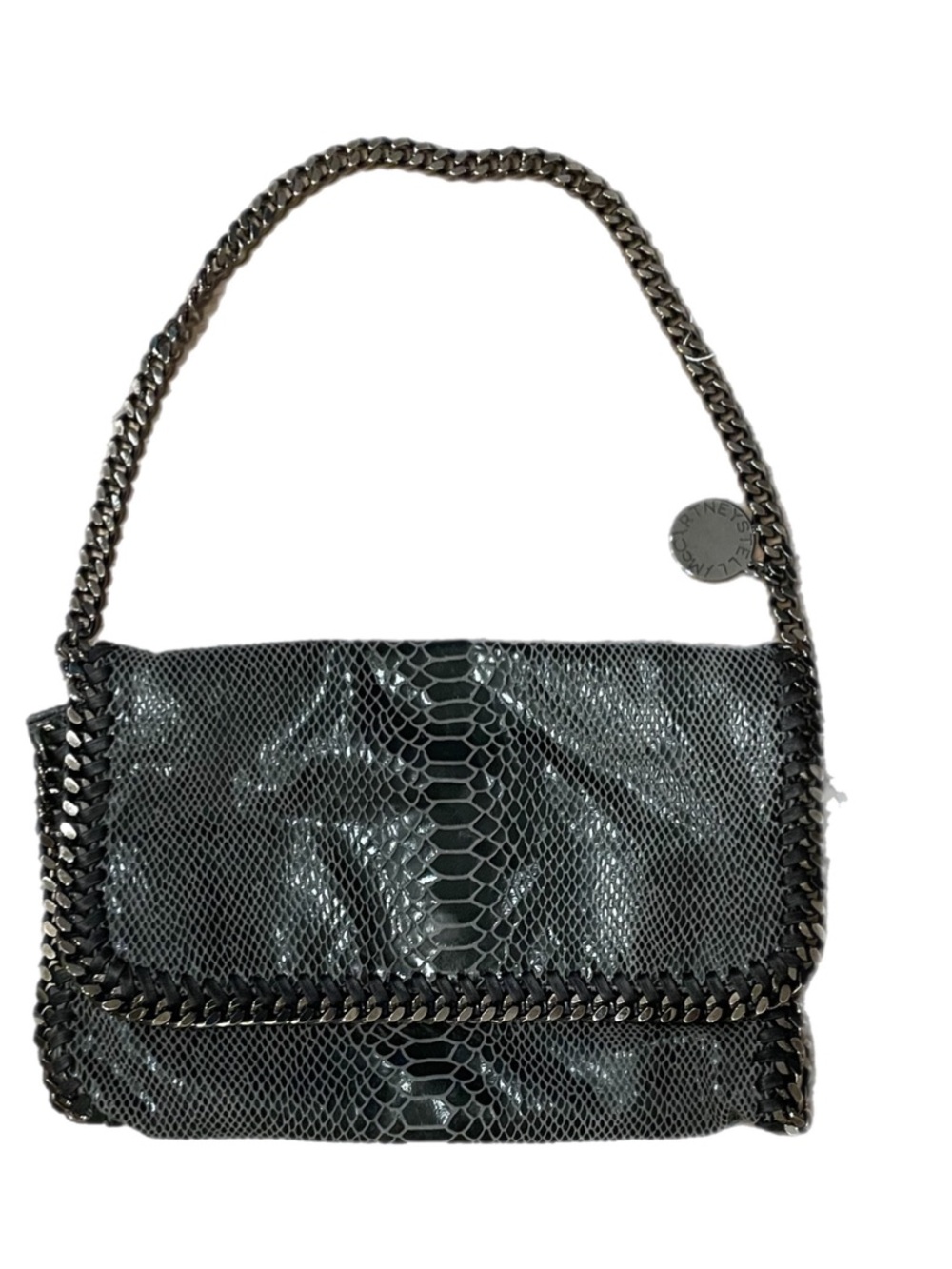 Stella McCartney Fallabella Black Faux-Snake Shoulder Bag with Gunmetal Chain